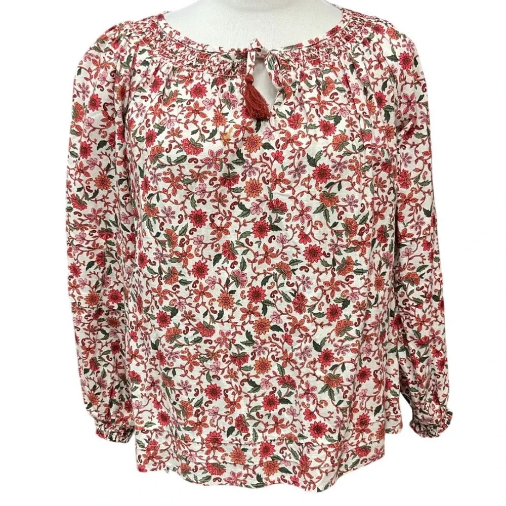 Cottagecore Puff-Sleeve Floral Printed‎ Smocked Poet Swing Oversized Top Size XS